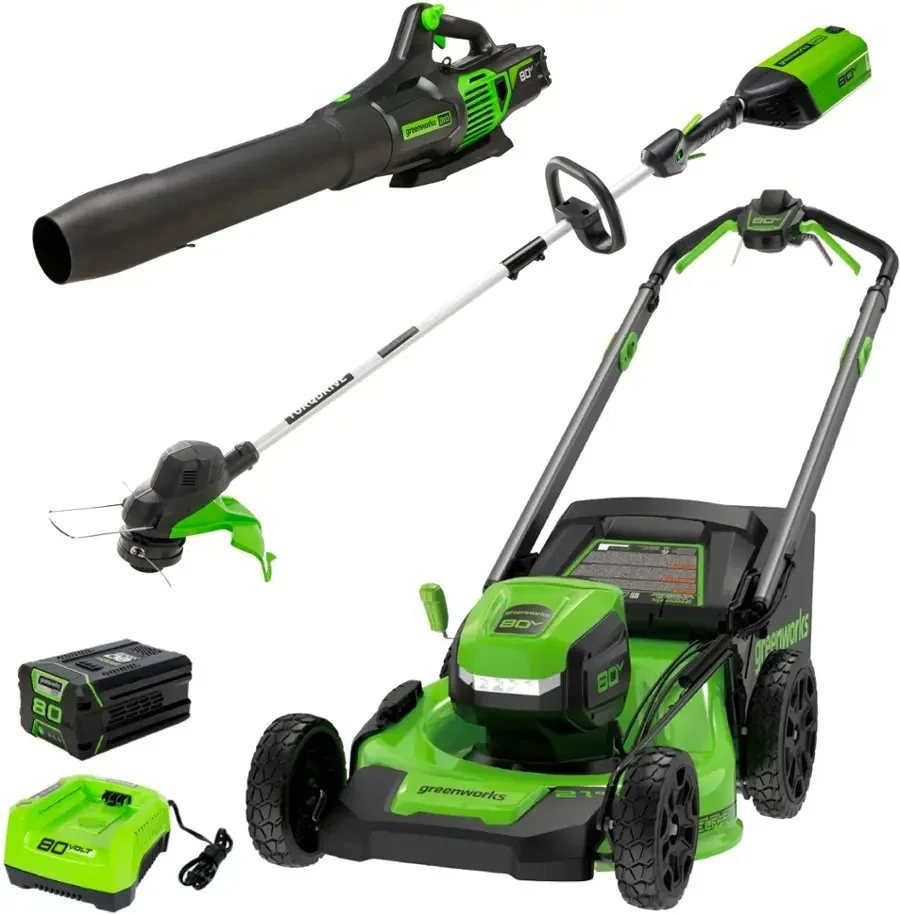 1-430-1.webp Greenworks 80V 21” Lawn Mower, 13” String Trimmer, and 730 Leaf Blowers. - Image 1