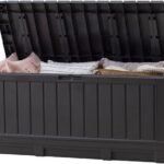 Keter Kentwood 92 Gallon Resin Deck Box-Organization and Storage for Patio Furniture Outdoor Cushions, Throw Pillows, Garden Tools and Pool Floats, Dark Grey