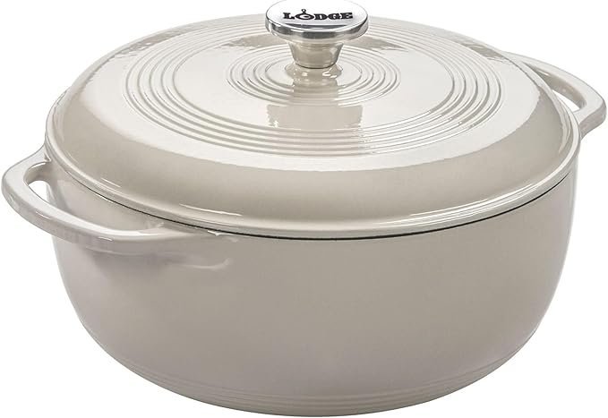 618X4klCsRL._AC_SX679_.jpg Lodge Essential Enamel Cast Iron Dutch Oven – Perfect for Bread Baking, Braising, Marinating & Slow Cooking – Features Moisture-Sealing Lid & Dual Handles – Kitchen Essentials – 6 Quarts – Oyster White - Image 1