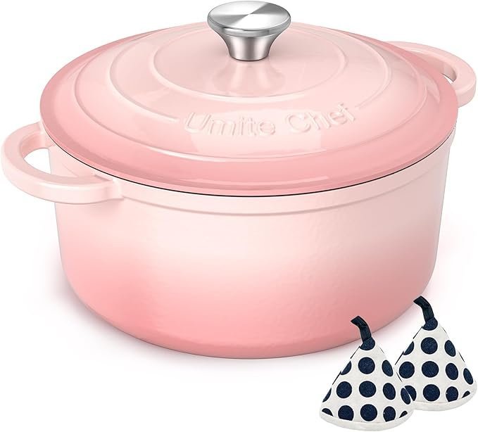 619F9Cdw0aL._AC_SX679_.jpg Umite Chef 5QT Enameled Cast Iron Dutch Oven Pot with Lid, Heavy-Duty Cookware for Bread Baking, Braising, Stews, Roasting, Wedding Registry Ideas & Gifts (Pink) - Image 1