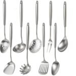 Newness 9 Pcs Cooking Utensils Set, 304 Stainless Steel Kitchen Utensils Set, Metal Kitchen Accessories, Include Soup Ladle, Slotted Skimmer Spoon, Spaghetti Spoon and Spatula, Dishwasher Safe