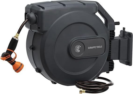61Psp-XA5iL._AC_SX569_-1.jpg Giraffe Tools Retractable Garden Hose Reel 1/2 Inch x 155 with 5 ft Leader Hose, Heavy Duty, Any Length Lock, Slow Return System, Wall Mounted and 180 Deg Swivel Bracket - Image 1