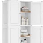VASAGLE Floor Storage Cabinet, Shaker Cabinet with 2 Adjustable Shelves, 4 Doors, Tall Freestanding Organizer Unit, for Kitchen Bathroom Living Room, Cloud White UBBC553WH01S