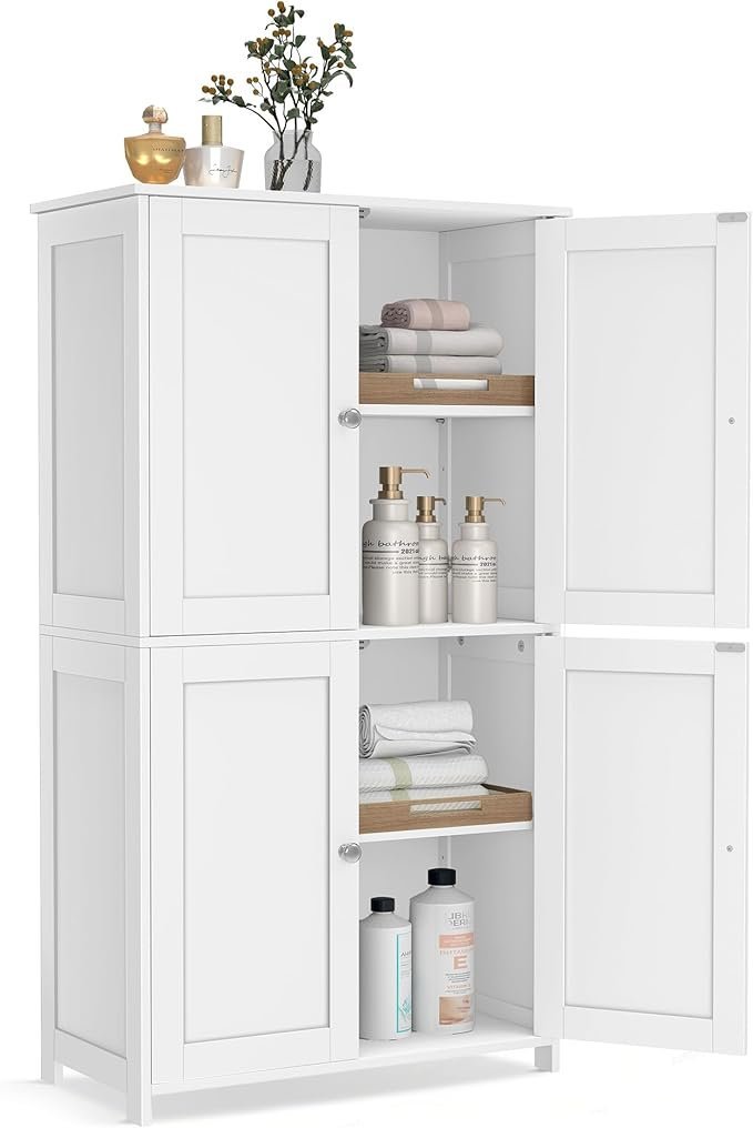61rkqknxb3L._AC_SX679_.jpg VASAGLE Floor Storage Cabinet, Shaker Cabinet with 2 Adjustable Shelves, 4 Doors, Tall Freestanding Organizer Unit, for Kitchen Bathroom Living Room, Cloud White UBBC553WH01S - Image 1