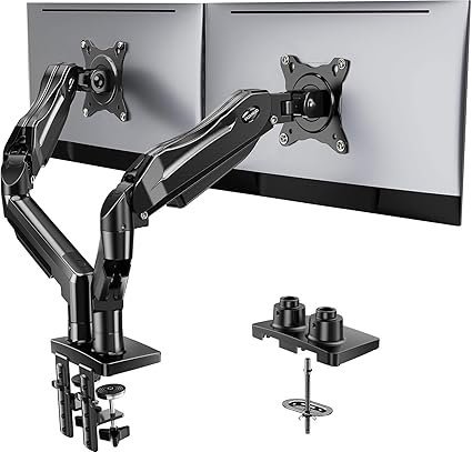 7182jSFV25L._AC_SX425_.jpg HUANUO FlowLift Dual Monitor Stand, Fully Adjustable Gaming Monitor Desk Mount for 13–32″ Computer Screens, Full Motion VESA 75×75/100×100 with C-Clamp & Grommet Base, Each Arm Holds 4.4 to 19.8 lbs - Image 1