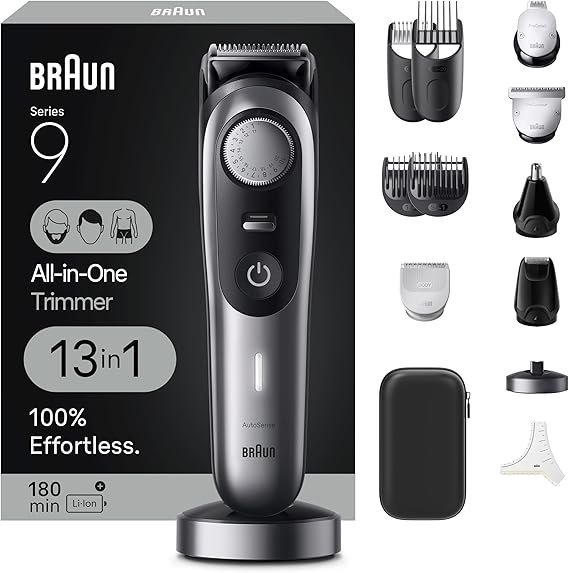 71LeQfcn0L._AC_SX569_.jpg Braun Series 9 All-in-One Multi Grooming Kit for Men, 13-in-1 Beard Trimmer, Body Groomer, Hair Clipper and Manscaping for Face & Body, 9440 - Image 1