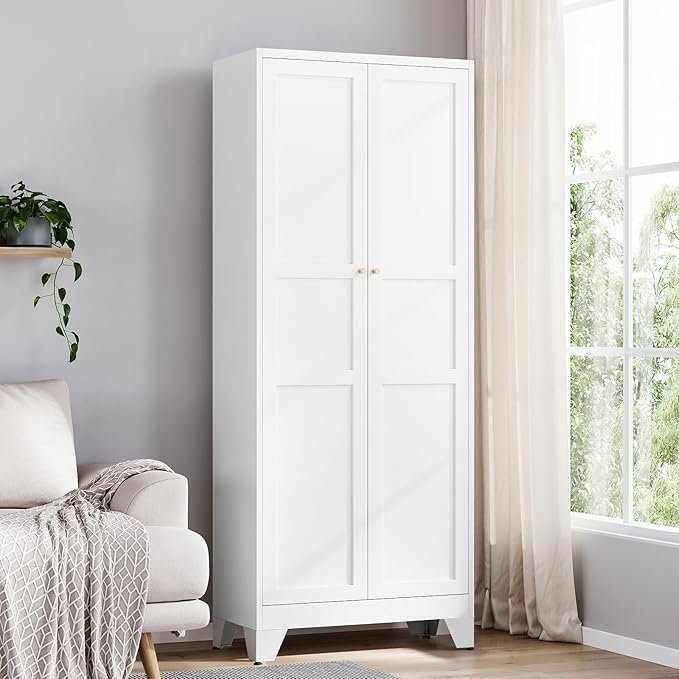 71M84gP9CL._AC_SX679_.jpg Yizosh Metal Pantry Cabinet, 75″ Kitchen Pantry with 2 Door and 4 Adjustable Shelves,White Metal Pantry Storage Cabinet,Cupboard for Kitchen,Dining Room,Living Room and Bathroom - Image 1