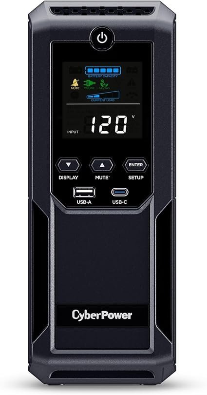 71TRxMH7XWL._AC_SX425_.jpg CyberPower CP1500AVRLCD3 Intelligent LCD UPS System, 1500VA/900W, 12 Outlets, 2 USB Ports, AVR, Mini Tower, Black - Image 1