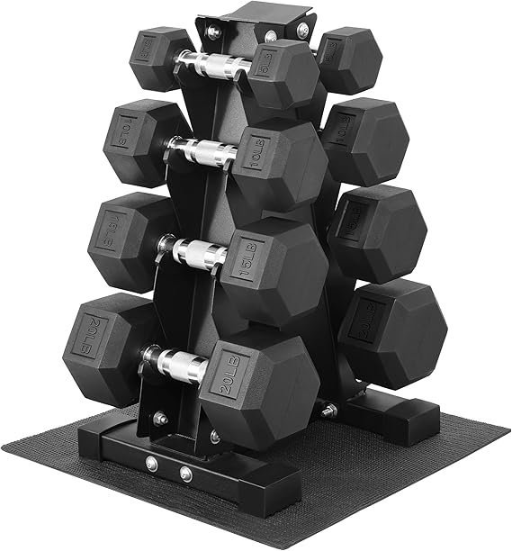 71UftekW8qL._AC_SX569_.jpg Fitvids Rubber Coated Hex Dumbbell Set with Storage Rack, 100/150/200/550 LB Hand Weight Set with Anti-Slip Grip for Home Gym - Image 1