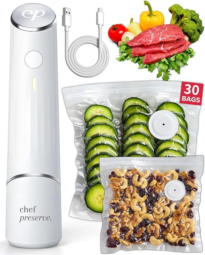 71XEvtKF9oL._AC_SX679_.jpg Chef Preserve Compact Vacuum Sealer for Food (Vacuum Sealer Machine + 30 Reusable Vacuum Bags) Powerful Handheld Vacuum Sealer Machine, Seal Meal Saver, Portable Food Sealer - Image 1