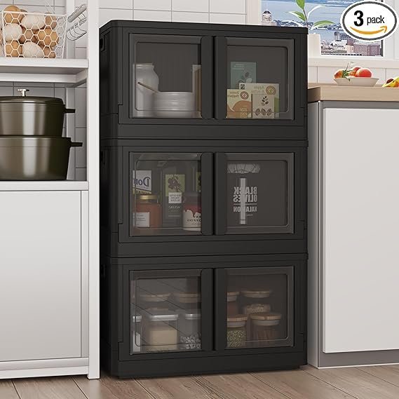 71Ysb4kc99L._AC_SX569_PIbundle-3TopRight00_SH20_.jpg FLEXIMOUNTS 228 QT Stackable Storage Bins With Lids, Collapsible Plastic Storage Bins With Doors and Built-in Wheels For Home Dorm Closet Organizers and Storage, 3 Pack Cubes, Black - Image 1
