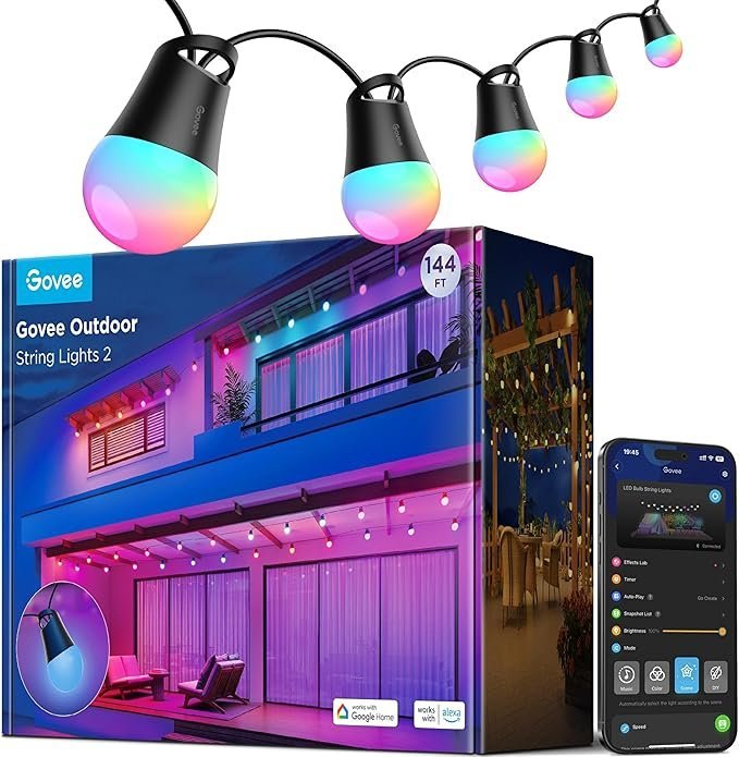 71ag0xH4YsL._AC_SX679_PIbundle-45TopRight00_SH20_.jpg Govee Smart Outdoor String Lights 2, 144ft Outdoor Lights with Dimmable Warm White LED Bulbs, 47 Scene Modes for Patio, Backyard, Balcony, IP65 Waterproof, Works with Alexa, App Control - Image 1