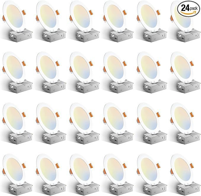71bMmAlAuL._AC_SX679_PIbundle-24TopRight00_SH20_.jpg Amico 24 Pack 6 Inch 5CCT Ultra-Thin LED Recessed Ceiling Light with Junction Box, 1050LM Brightness, Dimmable Canless Wafer Downlight, 12W, ETL&FCC - Image 1