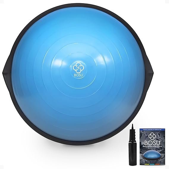 71ep0FOyOBL._AC_SX569_.jpg Bosu Balance Ball Exercise Trainer, Home Gym Equipment w/Guided Workouts & Pump, 26″ Inflatable Fitness Platform for Strength Training, Standing, Balancing, and Core Workout - Image 1