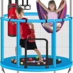 ZCMHAXJ 55″ Trampoline for Kids with Enclosure, 440lbs Capacity Indoor & Outdoor Toddler Trampoline with Adjustable Gymnastics Bar & Toys, for Boys & Girls