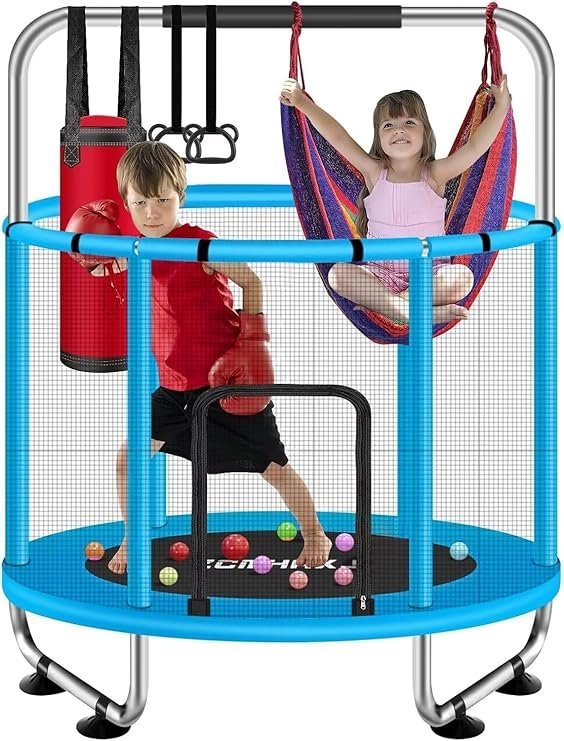 71l6s98NHL._AC_SY741_.jpg ZCMHAXJ 55″ Trampoline for Kids with Enclosure, 440lbs Capacity Indoor & Outdoor Toddler Trampoline with Adjustable Gymnastics Bar & Toys, for Boys & Girls - Image 1