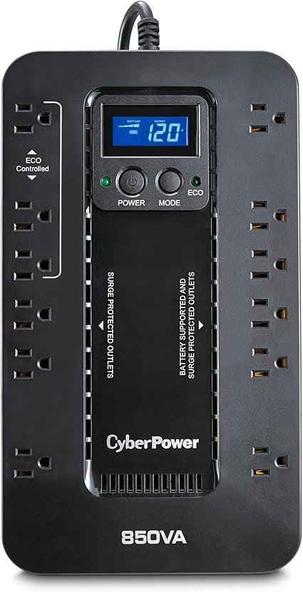 71pjstjaRUL._AC_SX425_.jpg CyberPower EC850LCD Ecologic UPS Battery Backup and Surge Protector, 850VA/510W, 12 Outlets, ECO Mode, Compact, UL Certified - Image 1