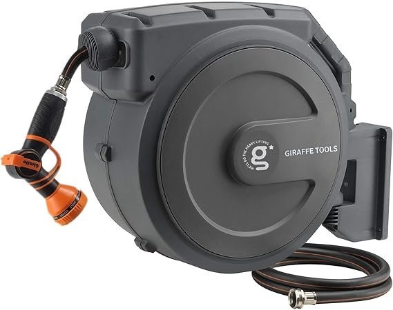 71qngyqEVHL._AC_SX569_.jpg Giraffe Tools Retractable Garden Hose Reel 1/2 Inch x 130 ft, Super Heavy Duty, Any Length Lock, Slow Return System, Wall Mounted and 180 Deg Swivel Bracket - Image 1