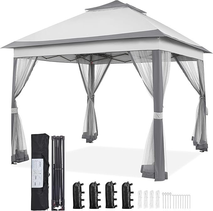 81CkbfAnr3L._AC_SX679_.jpg Yaheetech 11×11 Pop Up Gazebo Outdoor Canopy Shelter, Instant Patio Gazebo Sun Shade Canopy Tent with 4 Sandbags, 2 Tiers Roof & Mesh Netting for Lawn, Garden, Backyard & Deck, Gray - Image 1