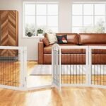 PAWLAND 144-inch Extra Wide 30-inches Tall Dog gate with Door Walk Through, Freestanding Wire Pet Gate for The House, Doorway, Stairs, Pet Puppy Safety Fence, Support Feet Included, White,6 Panels