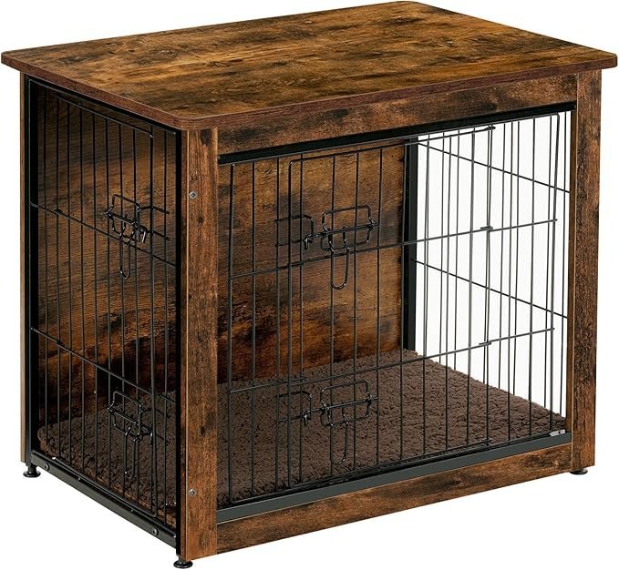 81M6TatVFDL._AC_SX679_.jpg DWANTON Dog Crate Furniture with Cushion, Wooden Kennel Table with Double Doors, Indoor Dog House, Small/Medium/Large/Extra Large Size, 27.2″ L, Rustic Brown - Image 1
