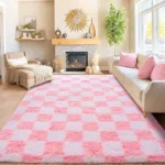 Area Rugs for Living Room Bedroom 9×12, Ultra Fluffy Shag Checkered Rug Modern Washable Carpet Soft Shaggy Non Slip Indoor Plush Fuzzy Rugs for Bedroom Dorm Office Home Aesthetic Decor, Pink and White