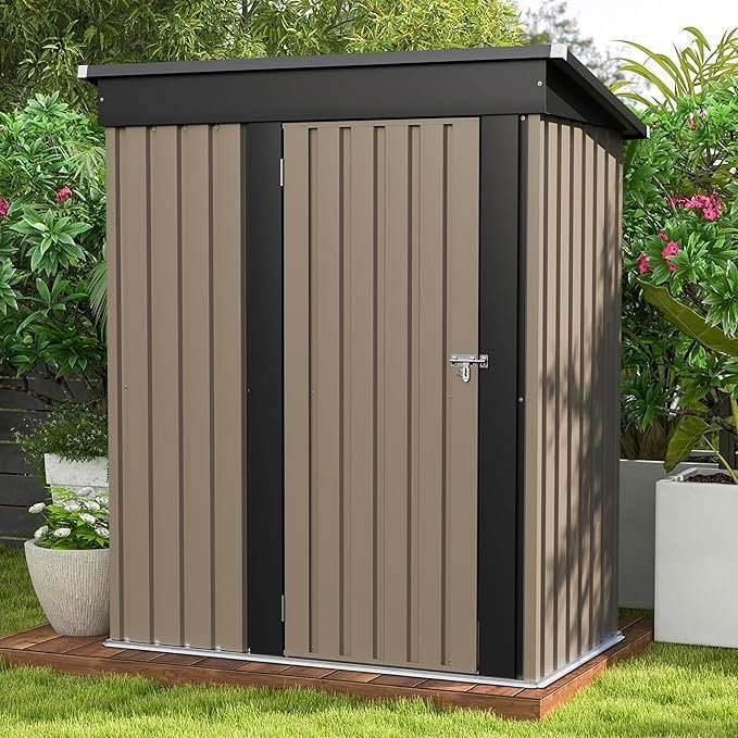 81WyFbnzpcL._AC_SX679_.jpg Patiowell 5×3 FT Outdoor Storage Shed, Tool Shed with Sloping Roof and Lockable Door, Metal Shed for Backyard Garden Patio Lawn, Brown - Image 1