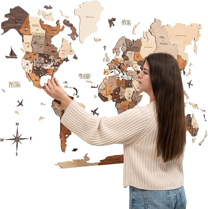 81bWYS-fnaL._AC_SX679_.jpg Enjoy The Wood 3D Wooden World Map Wall Art – Large Travel Map with Pins for Art Decor – Decorative Map of the World for Home, Office – Travel Wall Art Housewarming Gift Idea (Multicolor, M, Unframed) - Image 1