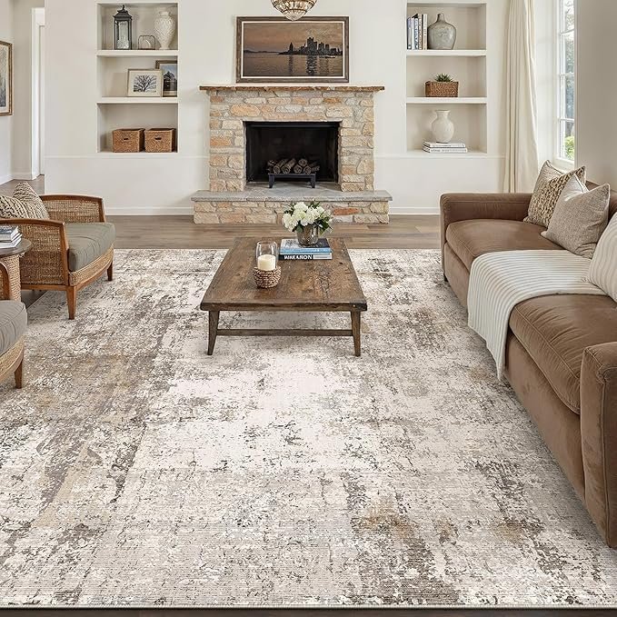 91FsY1geJaL._AC_SX679_.jpg 8x10 Washable Abstract Area Rug, Brown & Grey - Image 1
