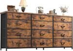 Romorgniz 55″ Dresser for Bedroom with 12 Fabric Drawers, Entertainment Center for 60 inch TV Dressers & Chests of Drawers Large Organizer, Living Room, Metal Frame, Wood Top, Rustic Brown