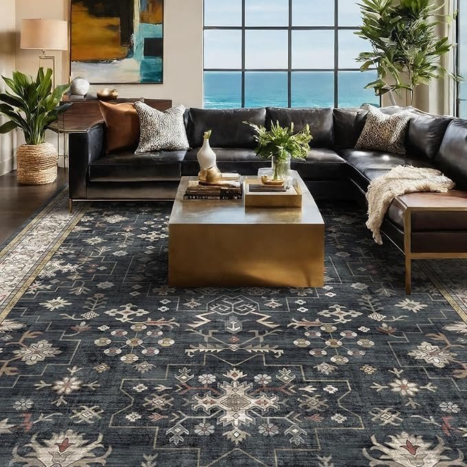 91Xv-MamL._AC_SX679_.jpg Black Farmhouse Washable 8×10 Area Rugs for Living Room, Bedroom, Dining Room Kitchen Table Rug for Under Table, Office, Dark Charcoal Tumble Stain Resistant Non-Slip Large Washable (8×10 Black/Multi) - Image 1
