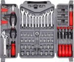 CARTMAN 205 Piece Ratchet Wrench Tool Set 1/4″ & 3/8″ & 1/2″ Drive with SAE/Metric Sockets Kit in Plastic Toolbox