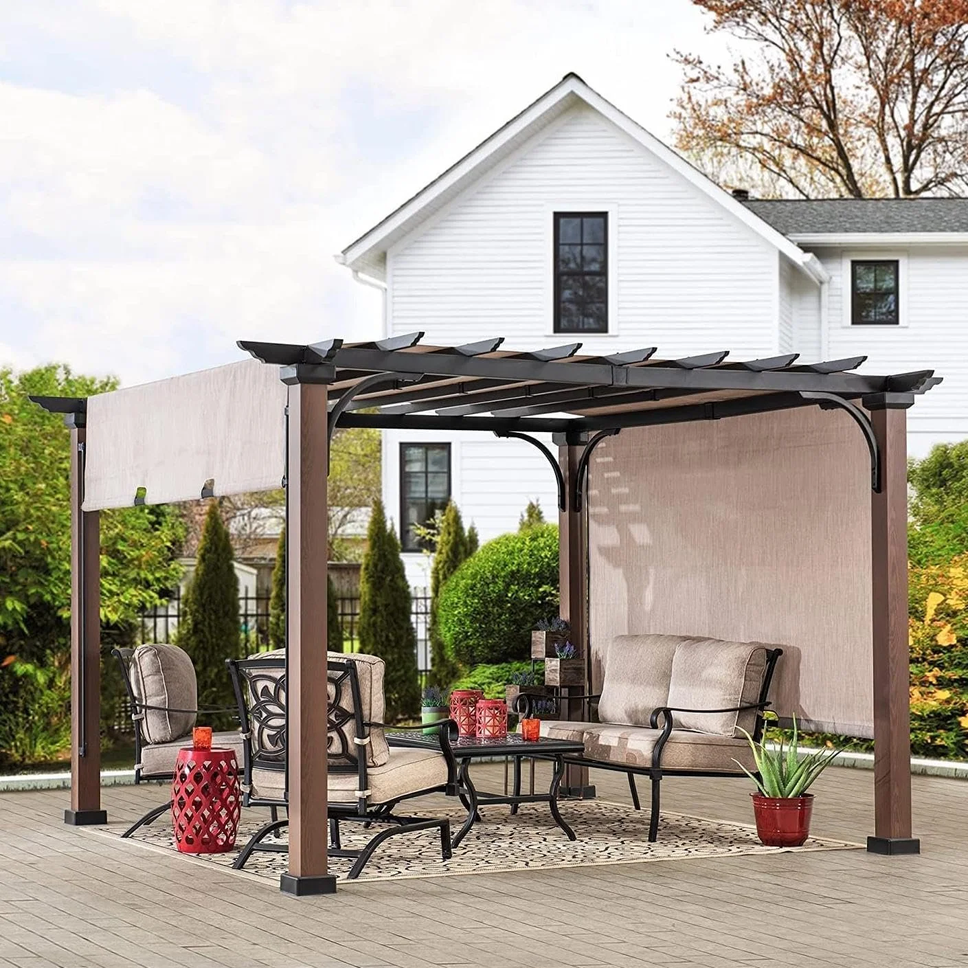 b1-13-1.webp Sunjoy 11 x 11 ft Metal Pergola with Adjustable Tan Garden Shades - Image 1