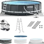 Intex Ultra XTR Frame 14′ x 42″ Round Above Ground Outdoor Swimming Pool Set with Sand Filter Pump, Ladder, Ground Cloth, and Pool Covers