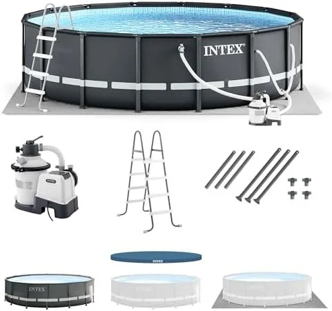 j1-13-1.webp Intex Ultra XTR Frame 14′ x 42″ Round Above Ground Outdoor Swimming Pool Set with Sand Filter Pump, Ladder, Ground Cloth, and Pool Covers - Image 1