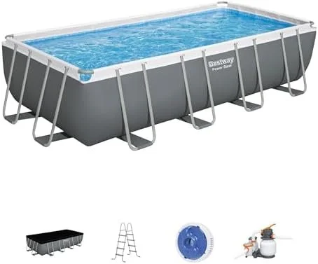 l1-8-1.webp Bestway Power Steel 18′ x 9′ x 48″ Rectangular Metal Frame Above Ground Outdoor Swimming Pool Set with 1,500 GPH Filter Pump, Ladder, and Pool Covers - Image 1